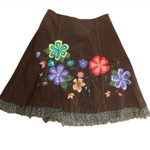 Anthropologie Basil & Maude Brown Skirt with Floral Embroidery
